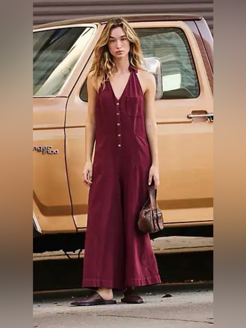 Free People Free Est Harper Jumpsuit Halter Button Pocket V Neck Wide Leg
New